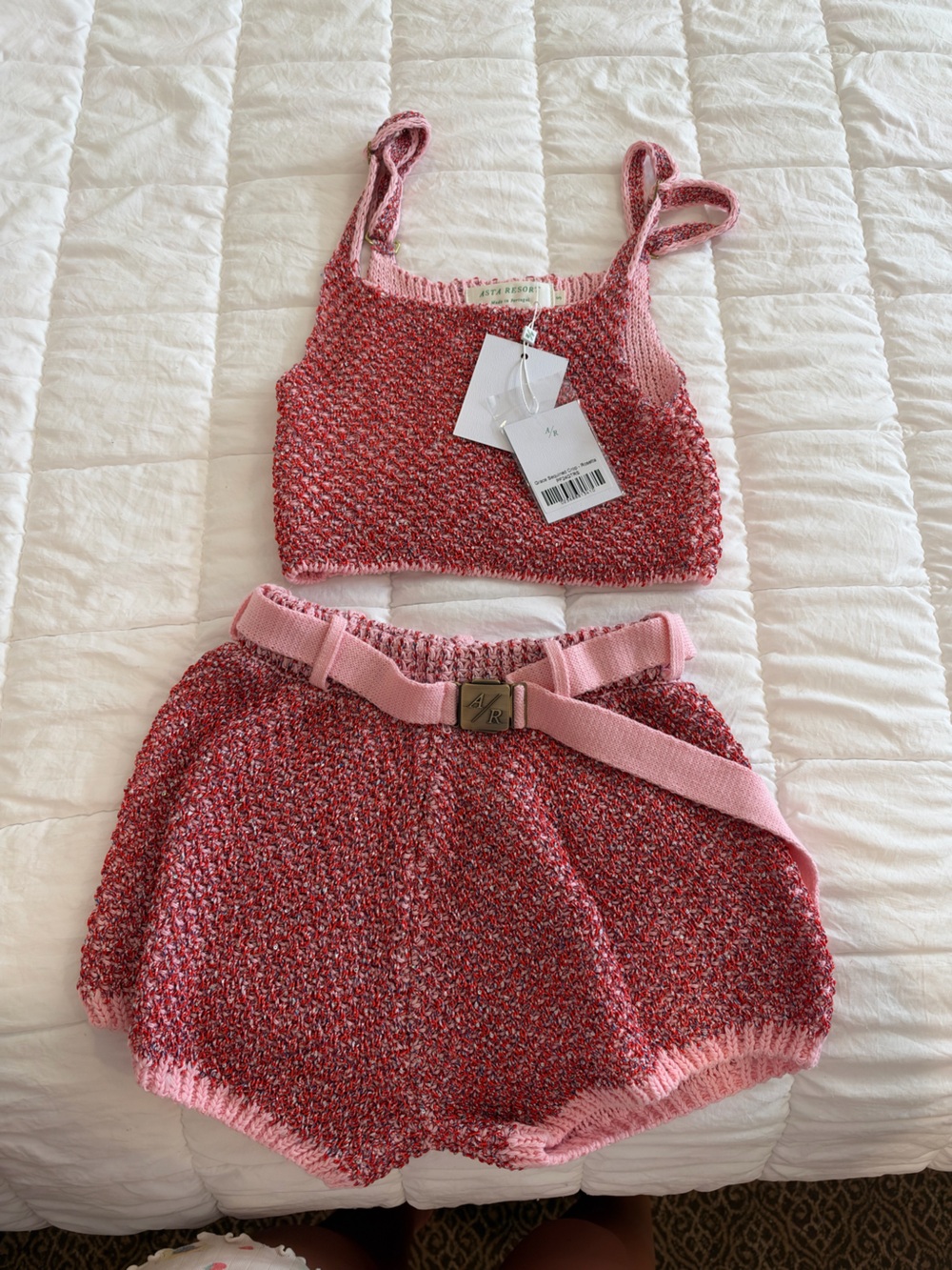 Asta Resort Grace Sequined Crop- Rosetta | Pink Tweed Knit Women's Sweater Top